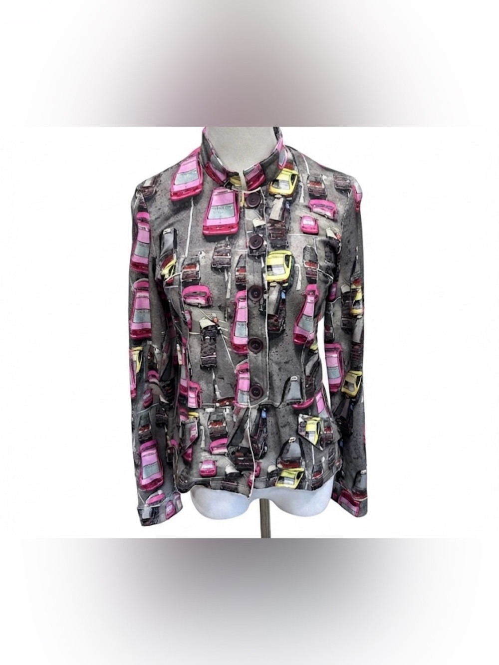 Aventures des Toiles Art to Wear Blazer Size 38 US Small Gray Taxi Car Print